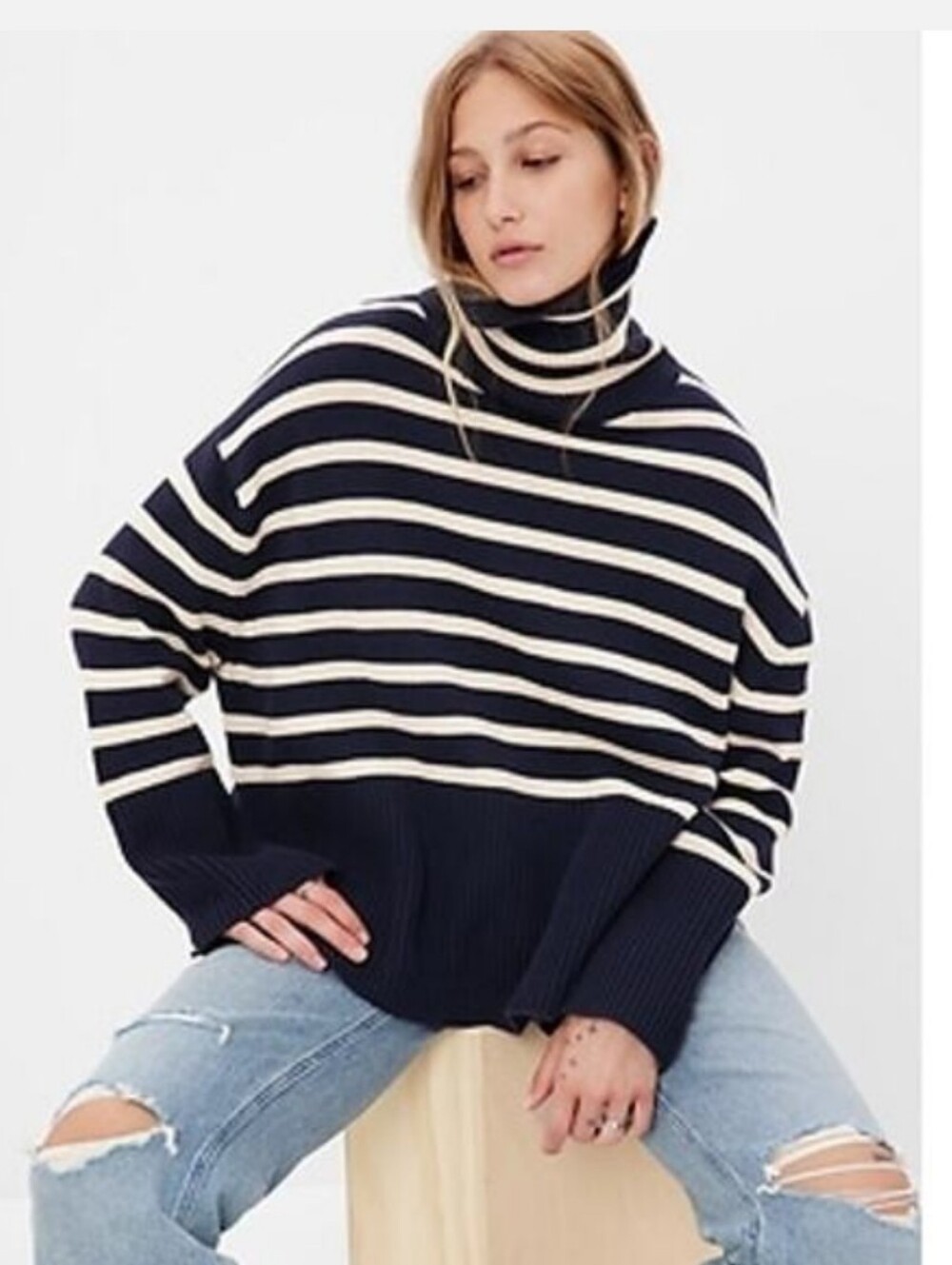 GAP Navy & Cream Striped Cotton Turtleneck Sweater